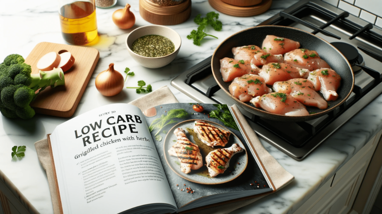 Low carb recipe book on a kitchen counter.